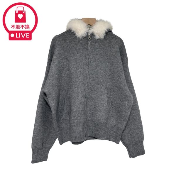 現貨9711｜人造毛連帽針織拉鍊披肩外套-RR055C2-福利品不退不換 