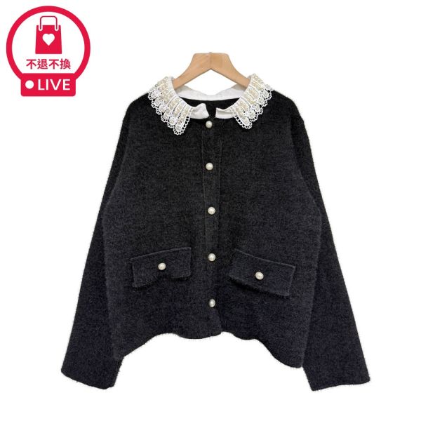 現貨9576｜珠鑽蕾絲翻領仿貂毛外套-RR6971B8-福利品不退不換 