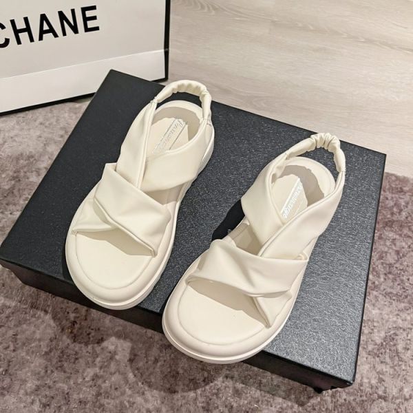 現貨｜厚底涼鞋女交叉帶鬆糕平底鞋子 白/黑/灰 36-40 