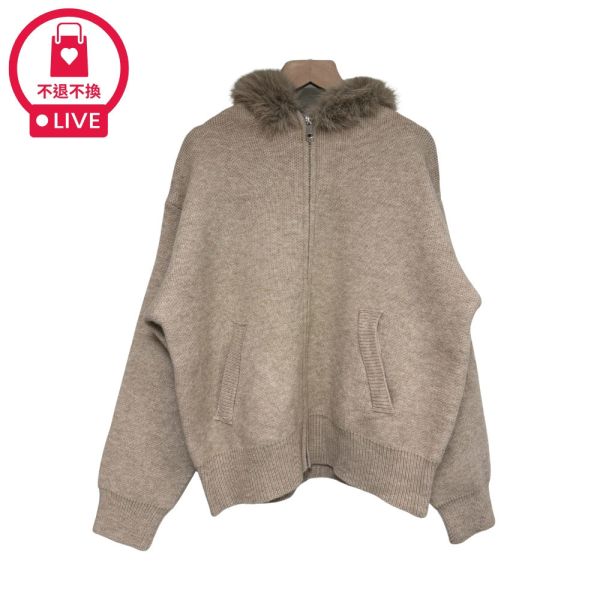現貨9711｜人造毛連帽針織拉鍊披肩外套-RR055C2-福利品不退不換 