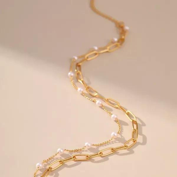 法式貝珠鎖骨雙層鏈氣質項鍊 