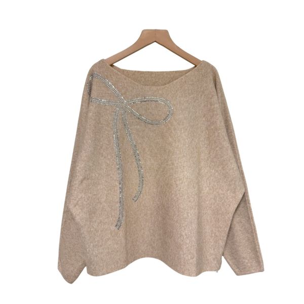 現貨8302｜自訂款一字領閃鑽蝴蝶結針織衫 042 