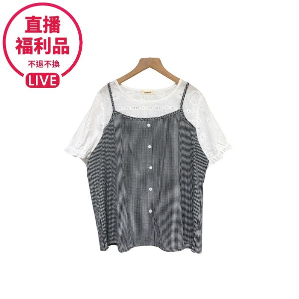 現貨7784｜假兩件格紋拼接蕾絲上衣-DF8382A6-福利品不退不換 