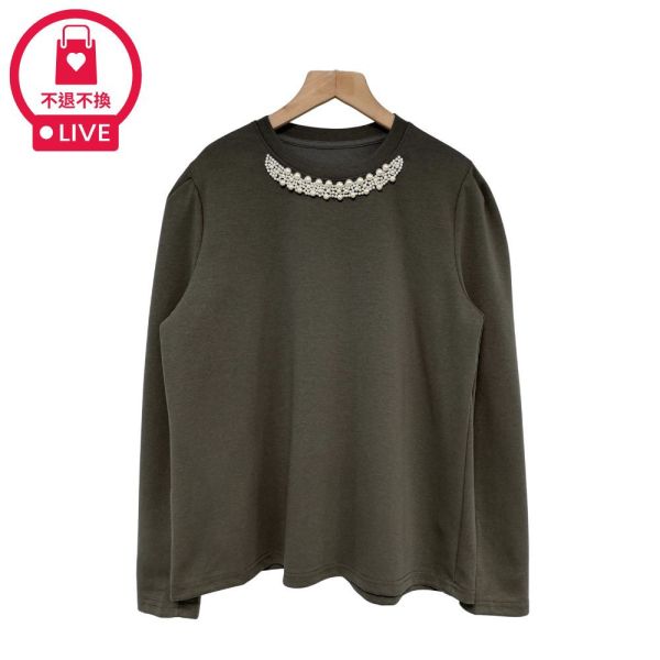 現貨9589｜肩抓皺珍珠圓領上衣-RR7171B0-福利品不退不換 