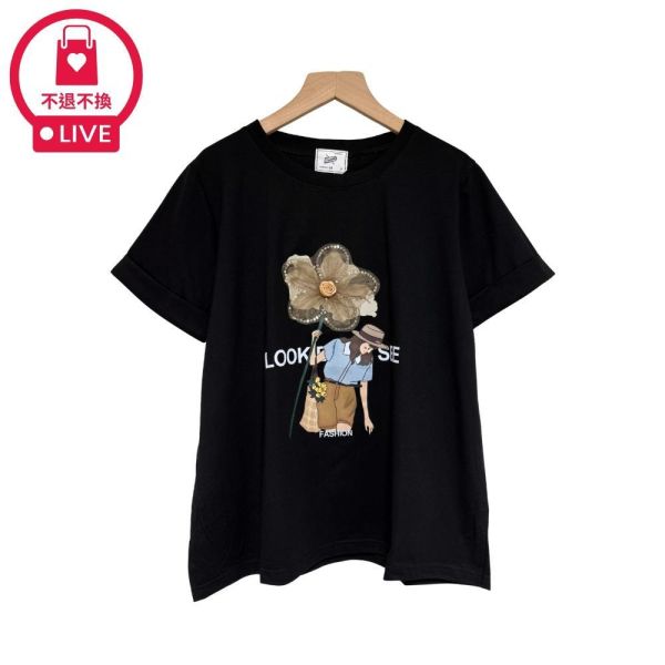 9873｜吸睛度破表・重工水鑽網紗花卉休閒T-DF5397A6-福利品不退不換 