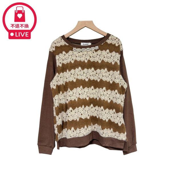 現貨9558｜珠珠圓領緹花拼接長袖T-DF5242A6-福利品不退不換 