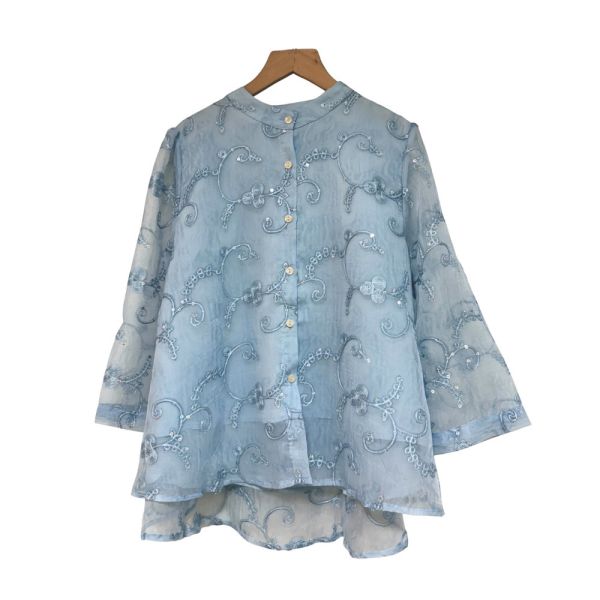 現貨8287｜自訂款手搖亮片網紗緹花襯衫 040 