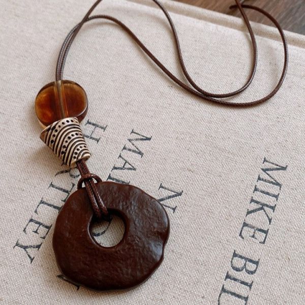 現貨9032｜瑪瑙色圖騰珠木頭圈項鍊 015 