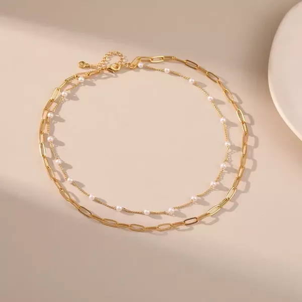 法式貝珠鎖骨雙層鏈氣質項鍊 