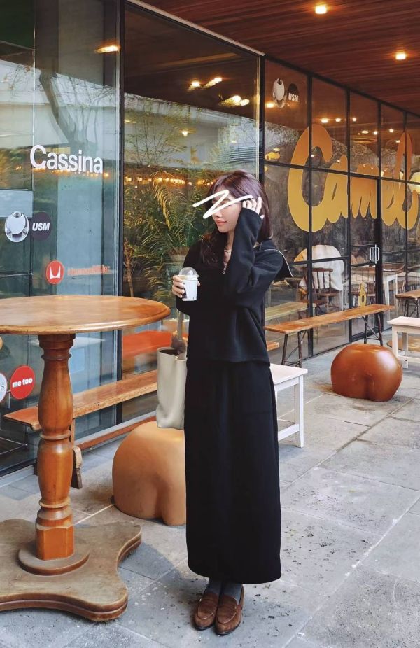 質感混羊毛羅馬布拉鍊上衣&長裙 