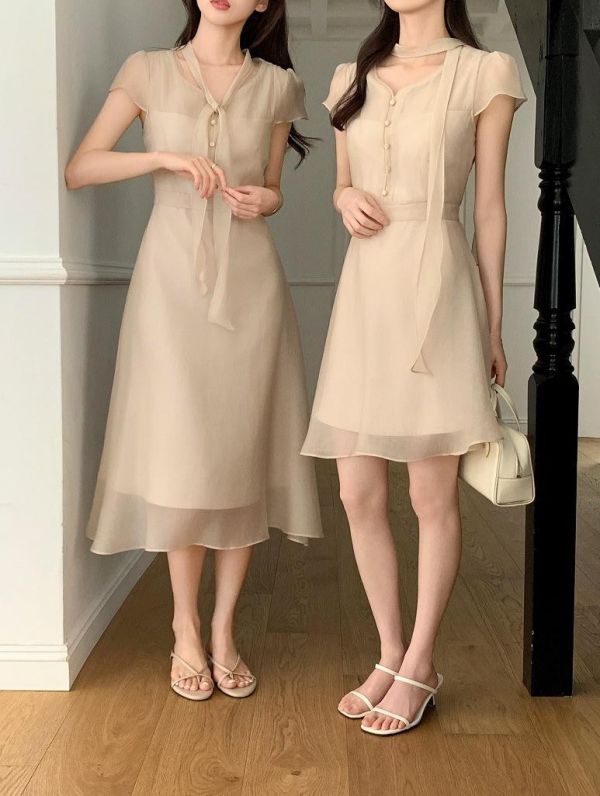 Elona Glow多穿法飄帶雪紗氣質洋裝 (長/短款) (3 colors) 多穿法飄帶雪紗氣質洋裝