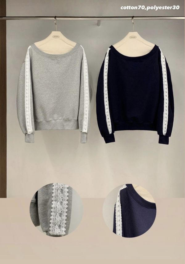 Bella蕾絲一字肩拼接上衣(2 colors) Bella蕾絲肩線落肩棉上衣