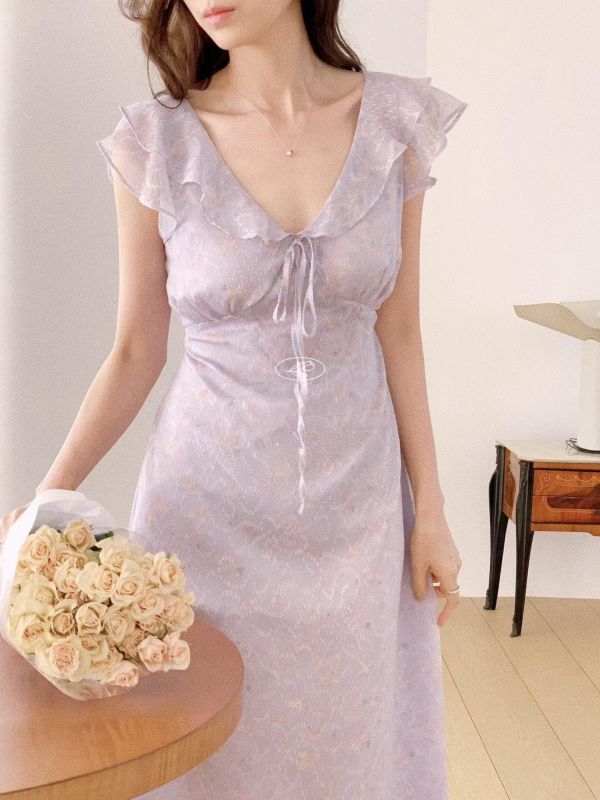 花霧荷葉綁帶長洋裝 (2 colors) 花霧荷葉綁帶長洋裝