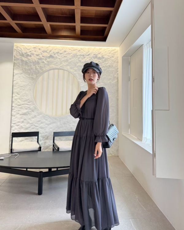 飄逸層影雪紡長洋裝(附腰帶)（3 colors） 飄逸層影雪紡長洋裝