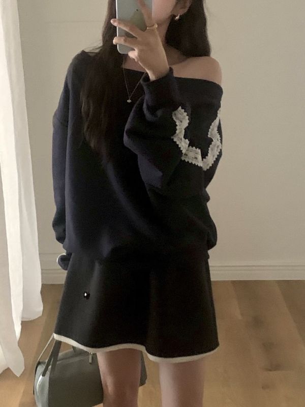 Bella蕾絲一字肩拼接上衣(2 colors) Bella蕾絲肩線落肩棉上衣