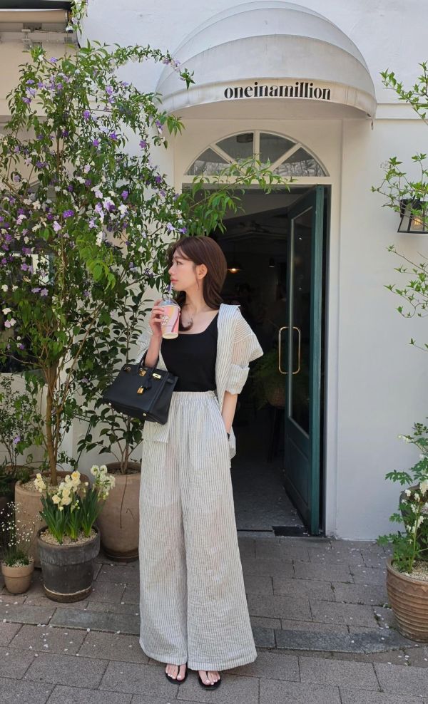 鬆弛時髦感天絲條紋長褲(3 colors) 鬆弛時髦感天絲條紋長褲