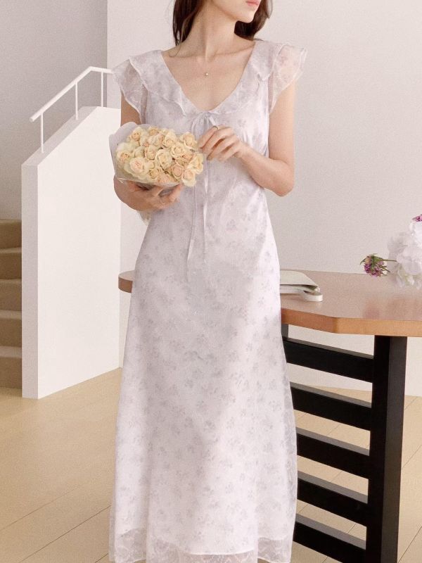 花霧荷葉綁帶長洋裝 (2 colors) 花霧荷葉綁帶長洋裝