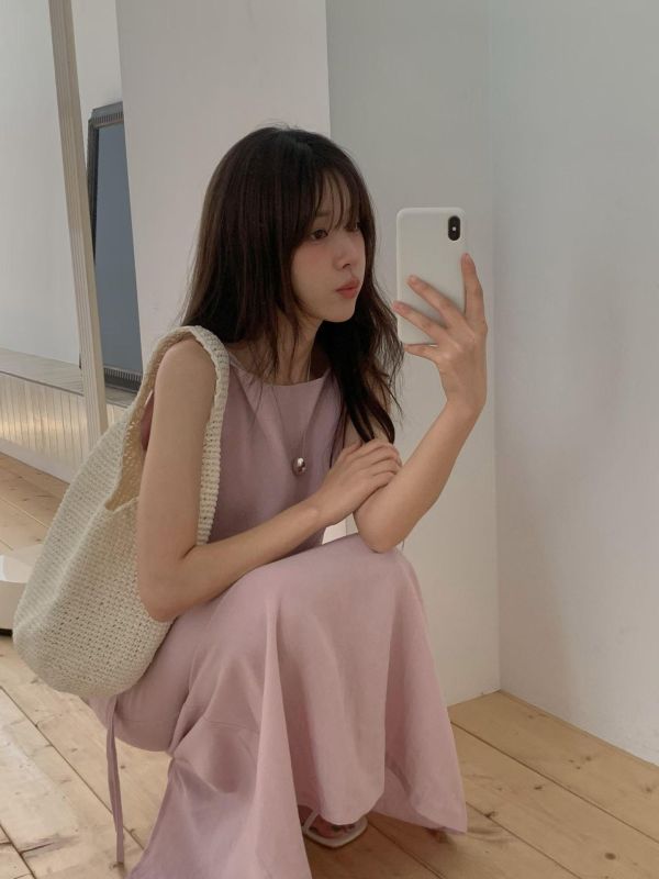 天然麻料扭結肩帶設計洋裝（3 colors） 天然麻料扭結肩帶設計洋裝