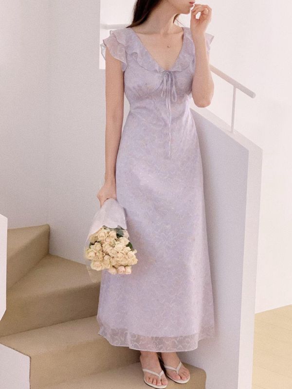 花霧荷葉綁帶長洋裝 (2 colors) 花霧荷葉綁帶長洋裝