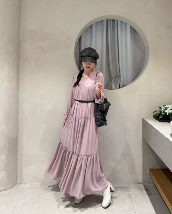 飄逸層影雪紡長洋裝(附腰帶)（3 colors） 飄逸層影雪紡長洋裝