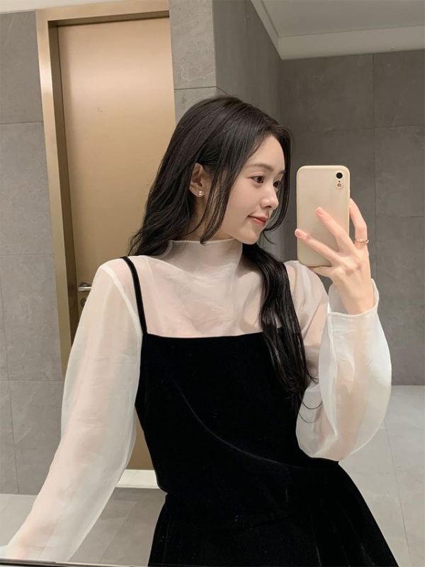 (限時三天）氣質柔霧紗透膚綁帶襯衫 氣質柔霧紗高領綁帶襯衫