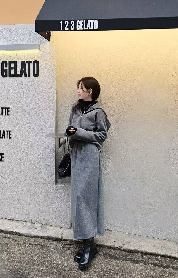 質感混羊毛羅馬布拉鍊上衣&長裙 