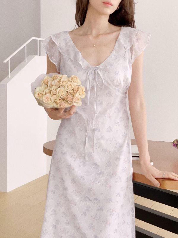 花霧荷葉綁帶長洋裝 (2 colors) 花霧荷葉綁帶長洋裝