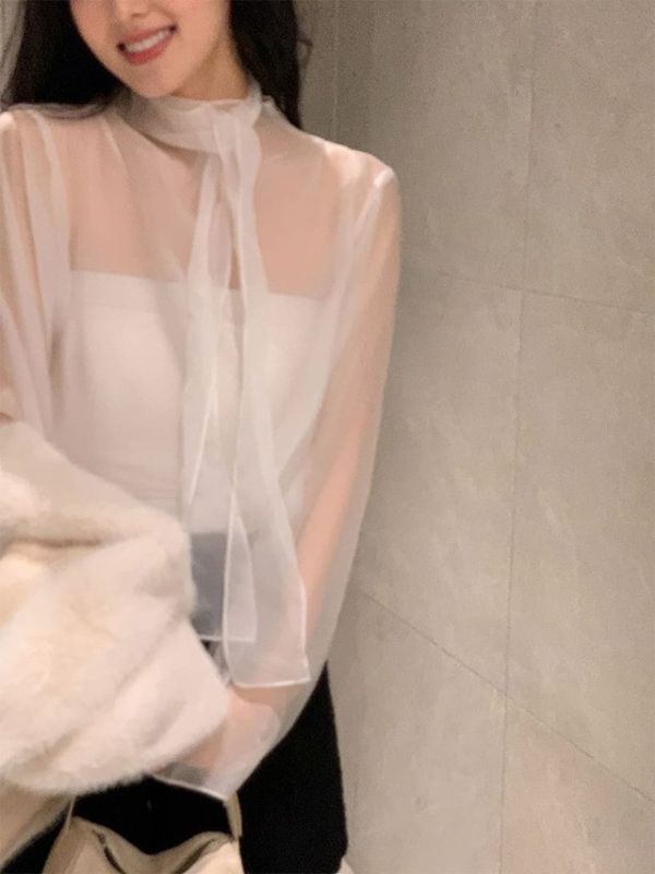 (限時三天）氣質柔霧紗透膚綁帶襯衫 氣質柔霧紗高領綁帶襯衫