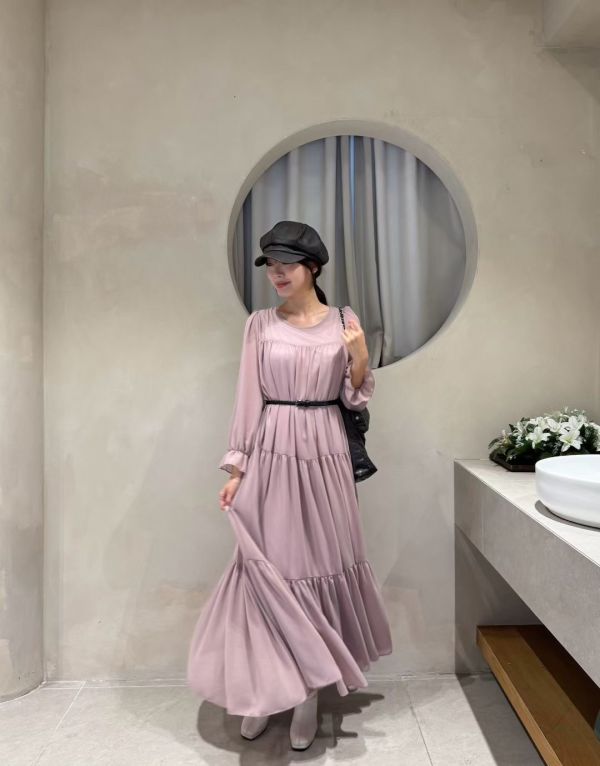 飄逸層影雪紡長洋裝(附腰帶)（3 colors） 飄逸層影雪紡長洋裝