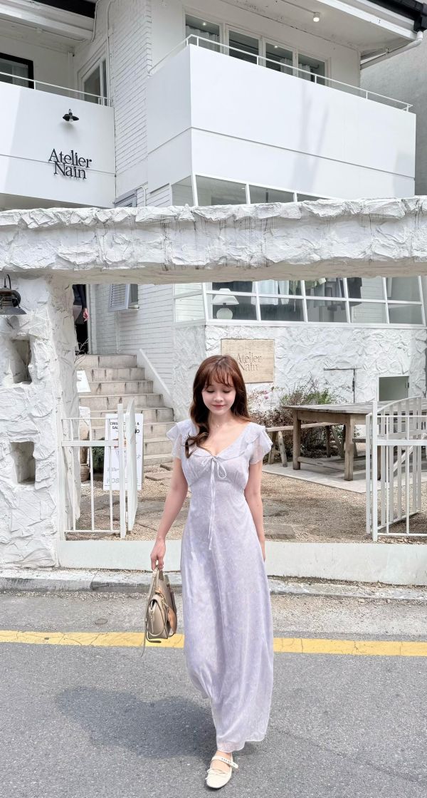 花霧荷葉綁帶長洋裝 (2 colors) 花霧荷葉綁帶長洋裝