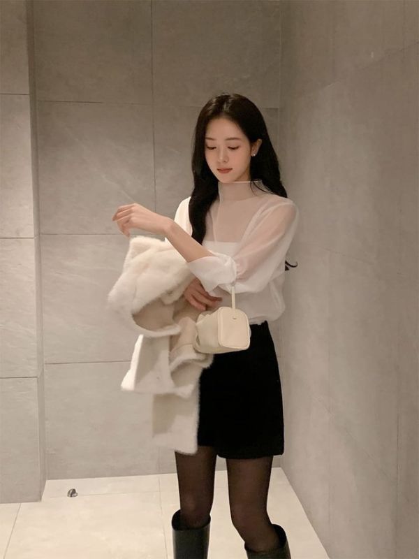 (限時三天）氣質柔霧紗透膚綁帶襯衫 氣質柔霧紗高領綁帶襯衫