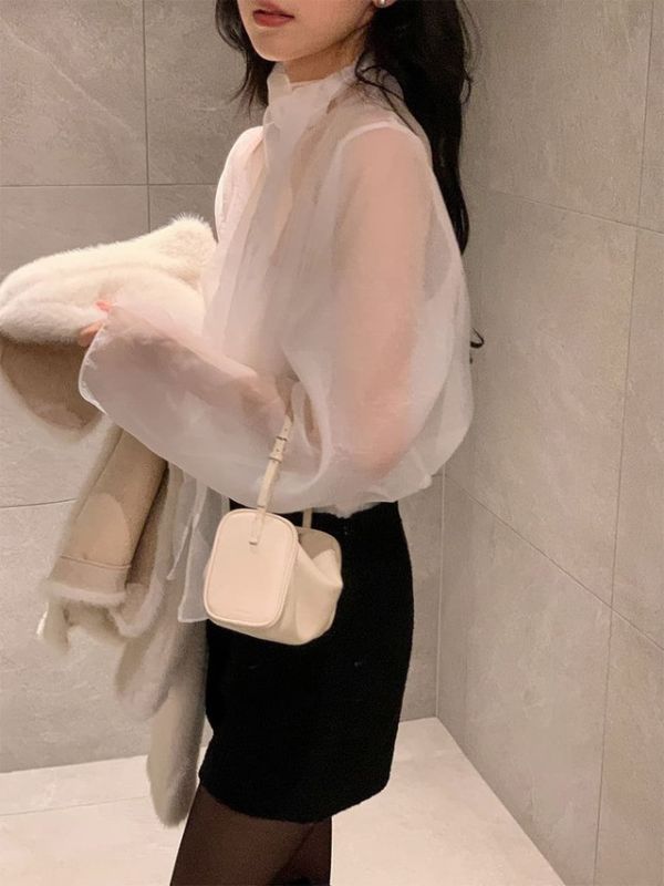 (限時三天）氣質柔霧紗透膚綁帶襯衫 氣質柔霧紗高領綁帶襯衫