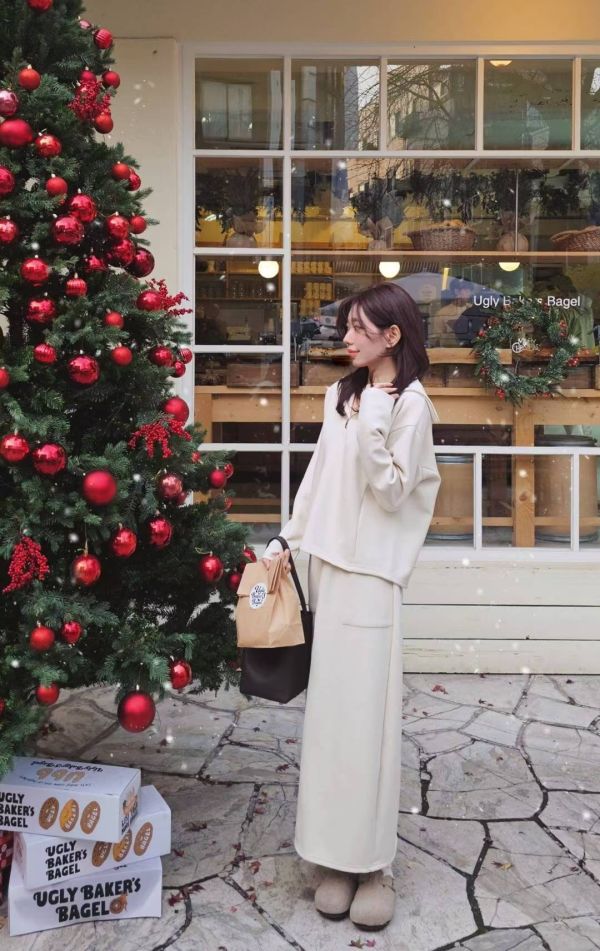 質感混羊毛羅馬布拉鍊上衣&長裙 