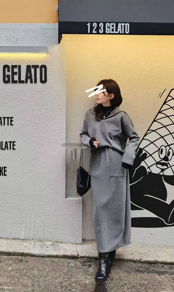 質感混羊毛羅馬布拉鍊上衣&長裙 