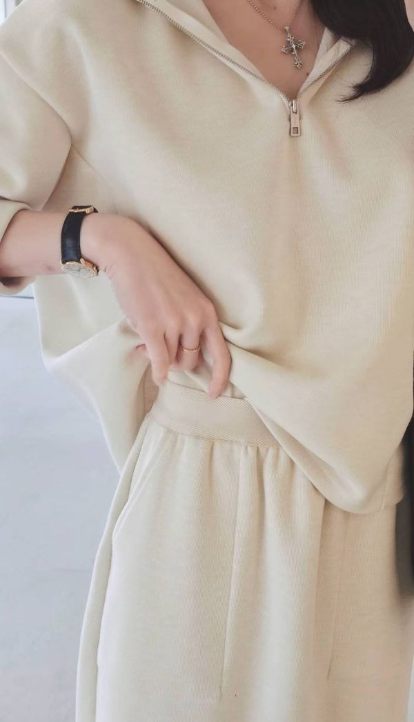 質感混羊毛羅馬布拉鍊上衣&長裙 