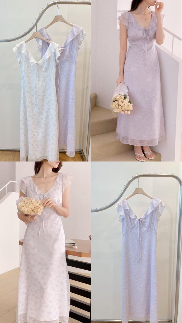 花霧荷葉綁帶長洋裝 (2 colors) 花霧荷葉綁帶長洋裝