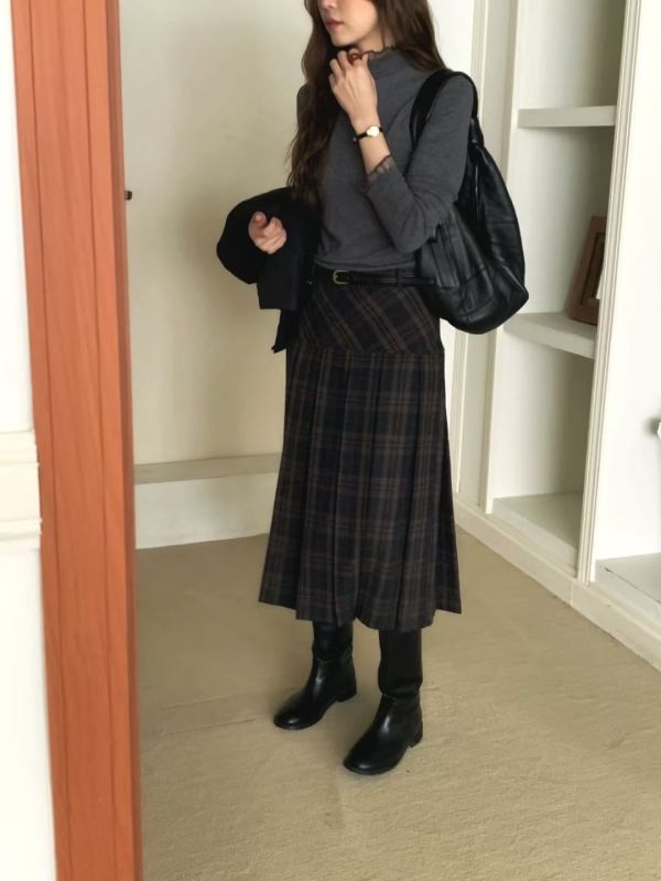 拼接蘇格蘭百褶長裙(3 colors) 拼接蘇格蘭百褶長裙