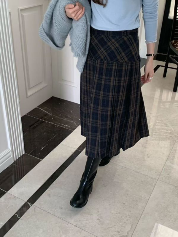 拼接蘇格蘭百褶長裙(3 colors) 拼接蘇格蘭百褶長裙