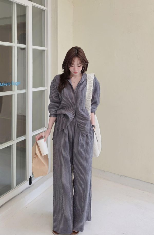 鬆弛時髦感天絲條紋長褲(3 colors) 鬆弛時髦感天絲條紋長褲