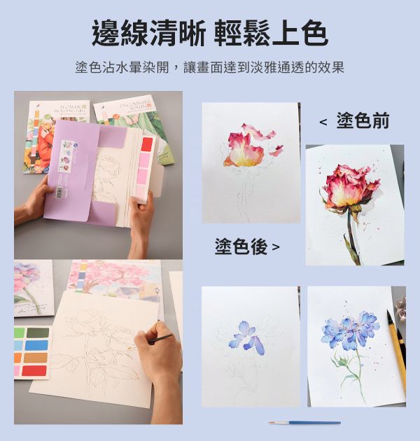 水彩填色甜美風情畫4張套組 4款可選 (贈畫筆、顏料) 水彩紙,水彩本,棉漿水彩紙,繪畫紙,素描本,塗鴉本,繪畫本,速寫本,繪畫紙, 解壓繪畫, 解憂紓壓, 填色繪畫