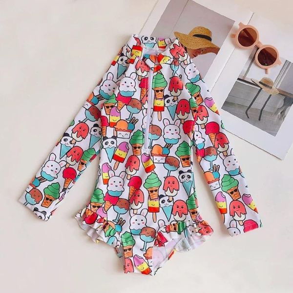 女童可愛長袖防曬連身泳衣 