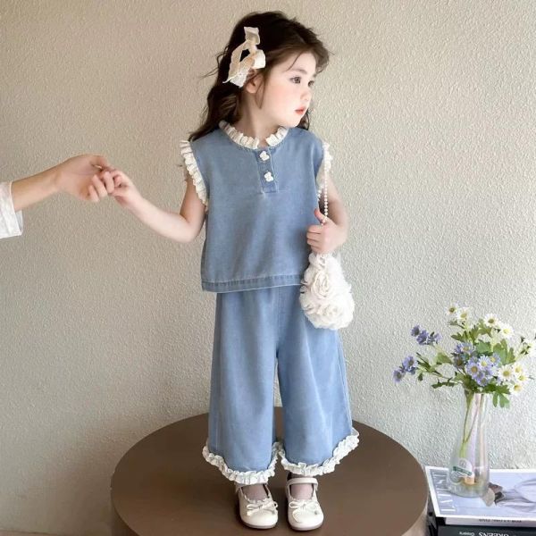 牛仔花邊寬褲套裝 