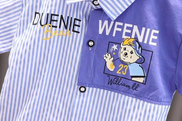 小熊直條襯衫短袖套裝 