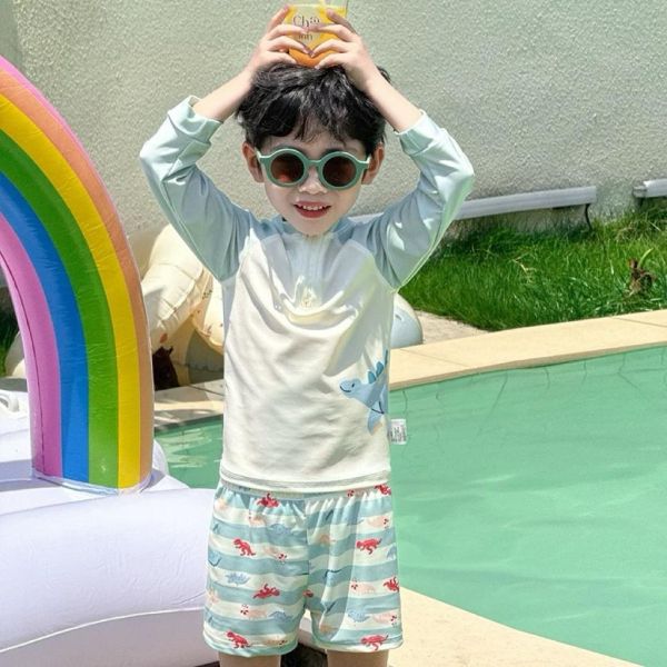 鯊魚恐龍長袖防曬兩件式泳衣（含泳帽） 