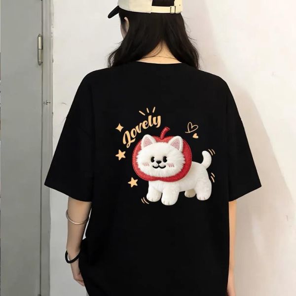 純棉白貓寬鬆短T 