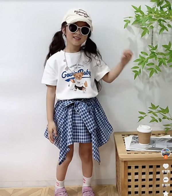 小熊短T+不規則格子褲裙兩件組 