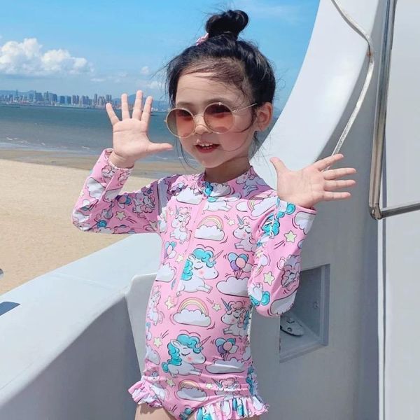 女童可愛長袖防曬連身泳衣 