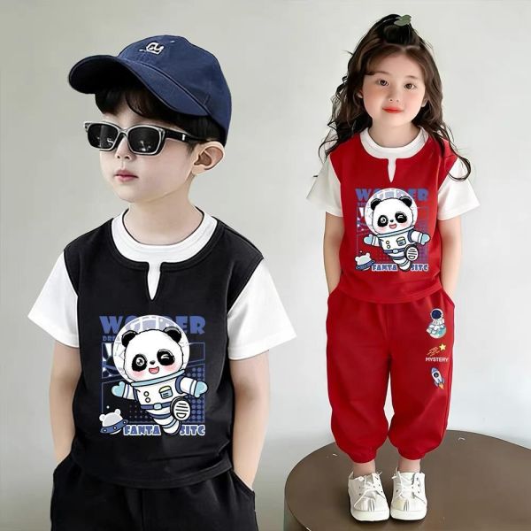 純棉太空熊貓假兩件休閒套裝 