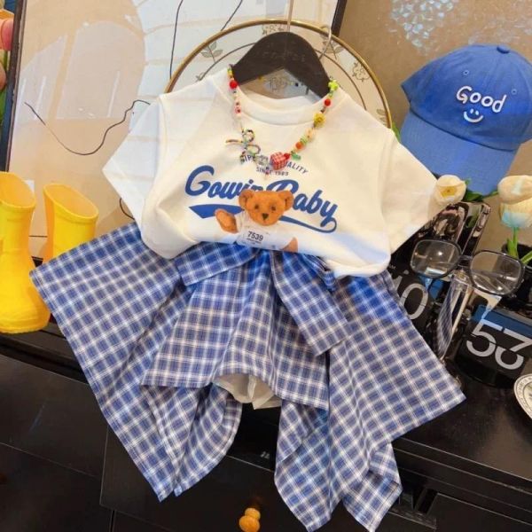 小熊短T+不規則格子褲裙兩件組 