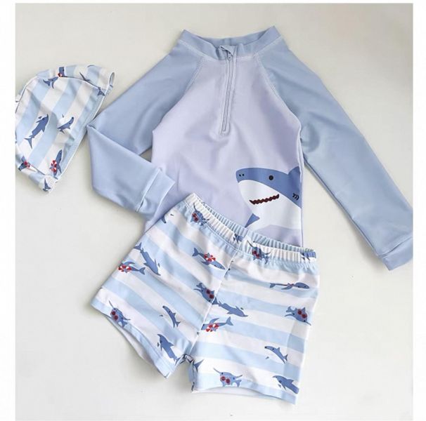 鯊魚恐龍長袖防曬兩件式泳衣（含泳帽） 